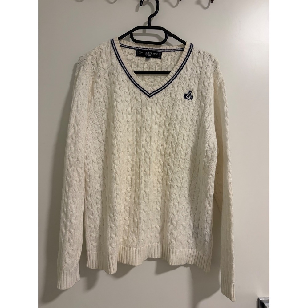 Contemporaine Petite XL Cream Cable Knit Cotton V-Neck Preppy Sweater Navy Trim